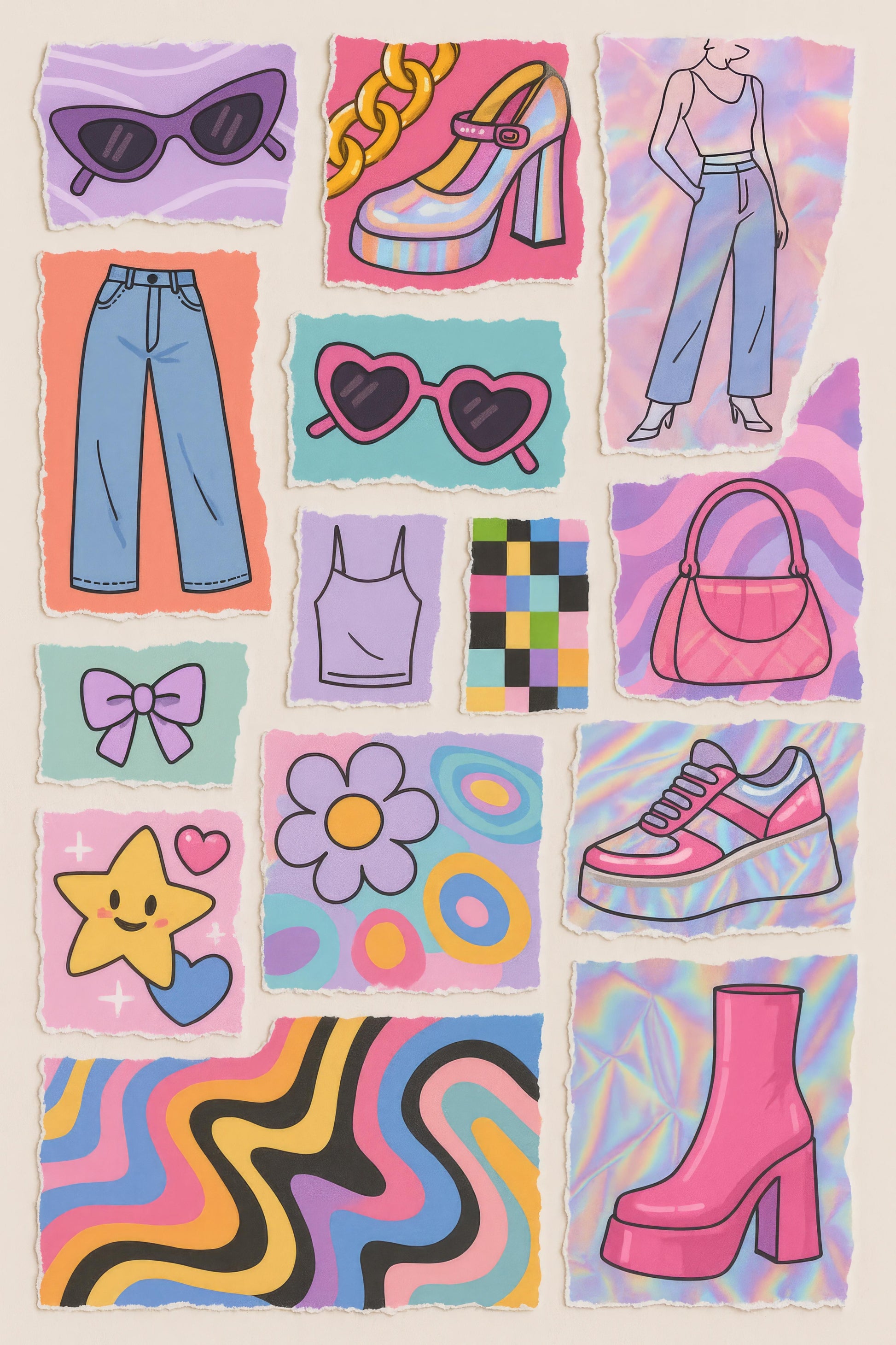 Retro Fashion Illustration Print, Vintage Style Clothing and Accessories Poster, Colorful Wall Art Decor