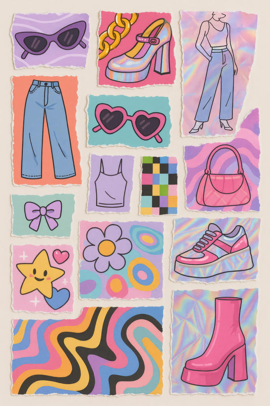 Retro Fashion Illustration Print, Vintage Style Clothing and Accessories Poster, Colorful Wall Art Decor