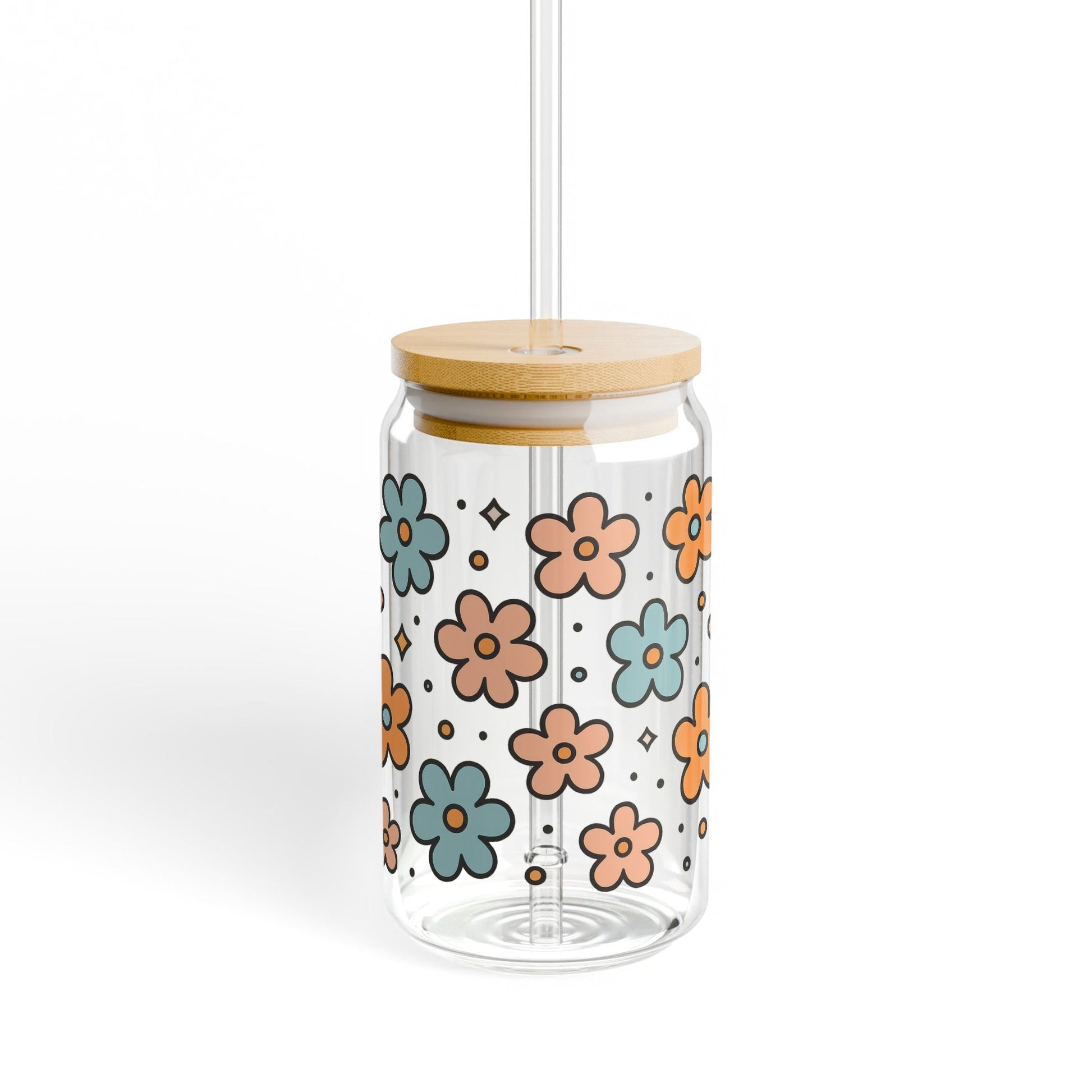 Colorful Floral Glass Drinking Jar with Straw, Eco-Friendly Bamboo Lid, Stylish Hydration