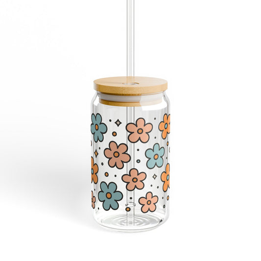 Colorful Floral Glass Drinking Jar with Straw, Eco-Friendly Bamboo Lid, Stylish Hydration