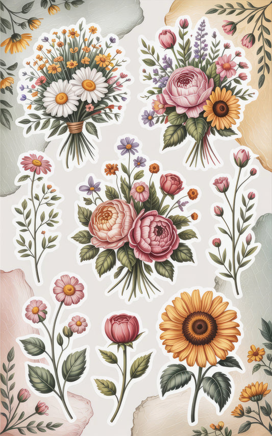 Vintage Floral Stickers Set, Decorative Boho Flower Decals, Craft Supplies, Scrapbooking, Bullet Journal Accessories, Bouquet Designs