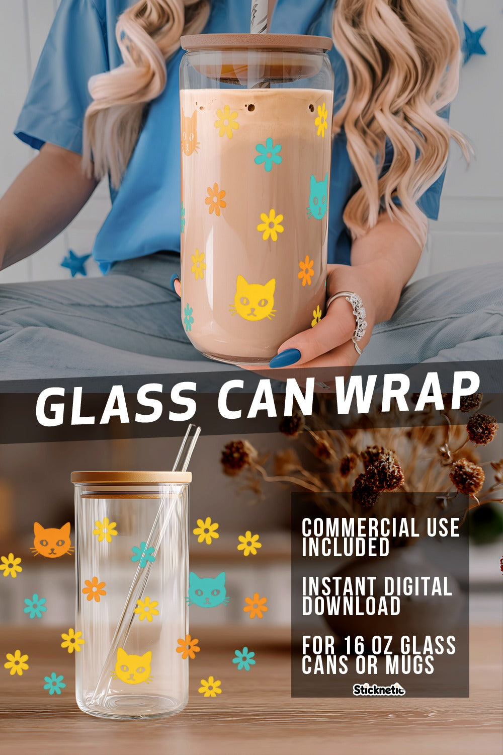 Cat and Floral Design Glass Can Wrap, Reusable 16 oz Drink Sleeve, Instant Digital Download