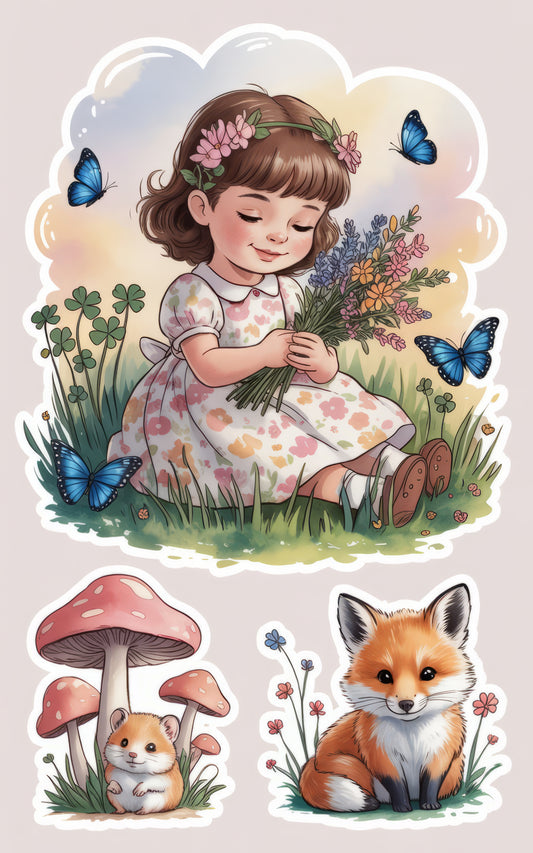 Vintage-Inspired Children's Illustration Print with Girl, Fox, and Butterflies Wall Art