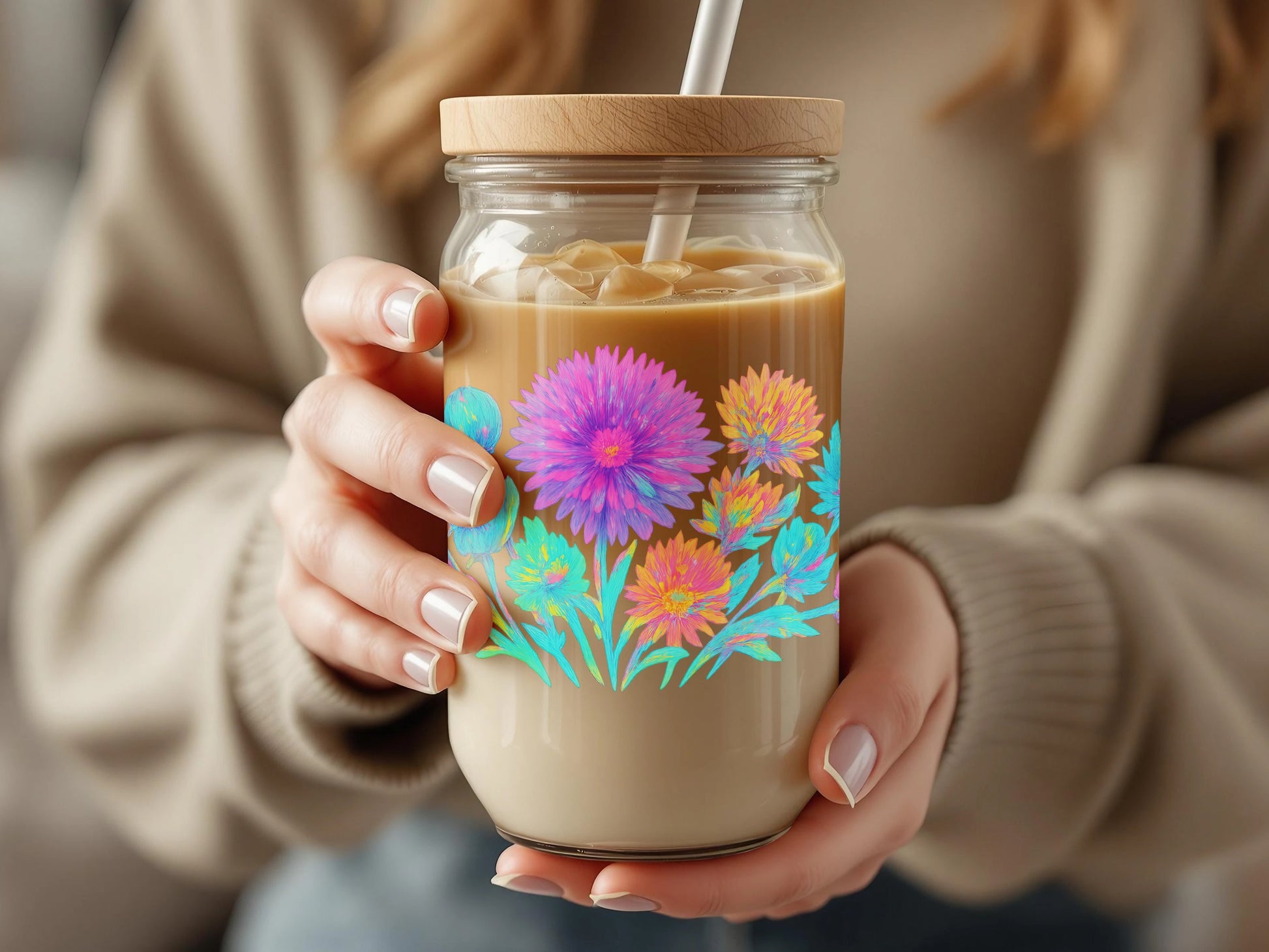 Floral Glass Mason Jar with Straw, Colorful Wildflower Print, Reusable Iced Coffee Cup, Eco-Friendly Drinking Glass