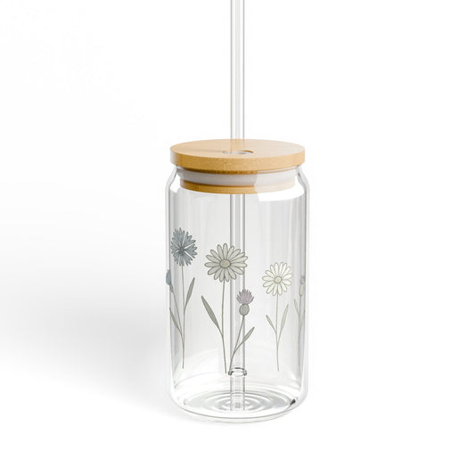 Floral Glass Jar with Wooden Lid, Modern Kitchen Storage, Minimalist Decor, Flower Design Container