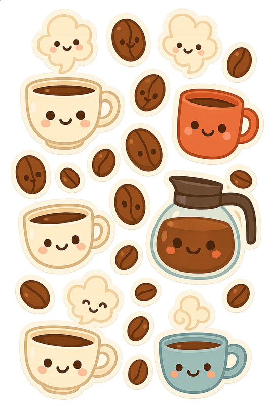 Cute Coffee and Beans Sticker Set, Kawaii Coffee Cups and Smiling Beans, Adorable Laptop Decals, Friendly Breakfast Theme Stickers