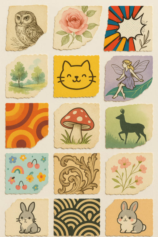 Vintage Style Illustration Sticker Pack, Cute Animals, Flowers, Fairy, and Nature Decals