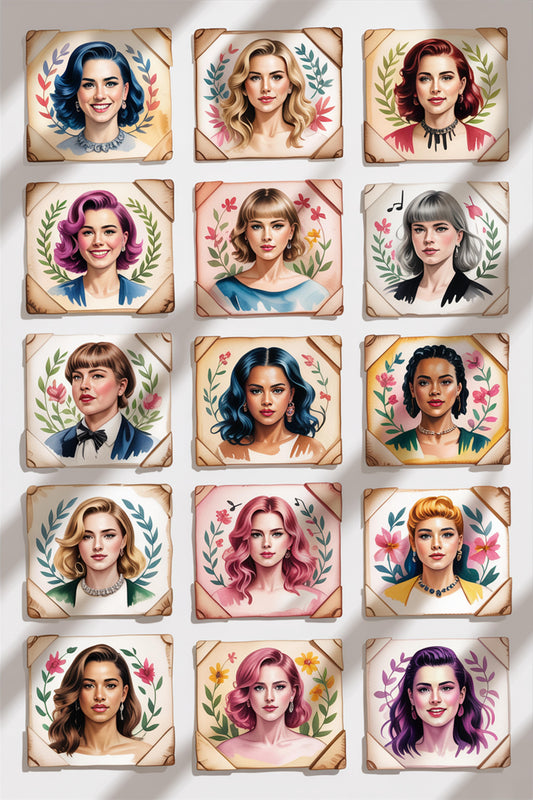 Decorative Floral Women Portrait Tiles, Stylish Wall Art, Set of 15, Vibrant Home Decor