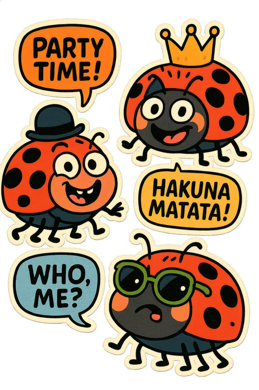 Cute Ladybug Stickers Set, Cartoon Style, Vinyl Decals, Party Time, Hakuna Matata, Crown, Sunglasses, Fun Kids' Craft