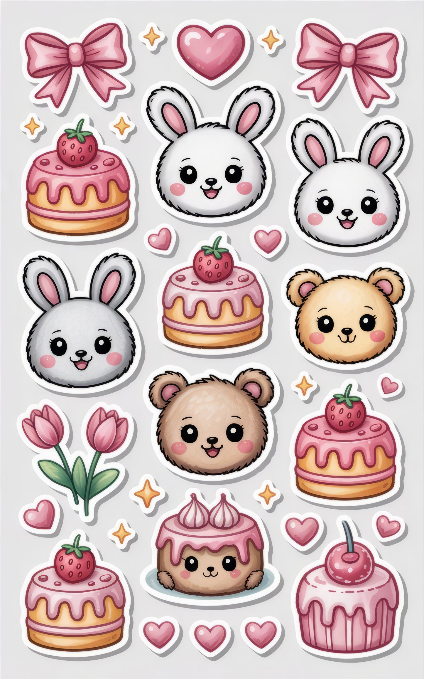 Cute Animal and Dessert Stickers, Kawaii Bunny, Bear, Cake, Tulip Decals for Scrapbooking, Planner Decoration, Kids' Crafts
