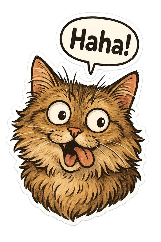 Funny Cat Sticker, Haha Text Bubble, Cute Brown Cat Decal, Playful Kitten Illustration, Pet Lover Gift, Unique Animal Stickers