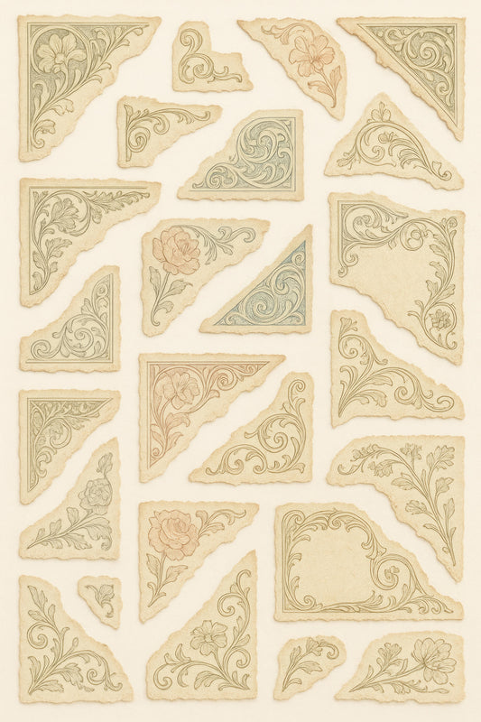 Vintage Floral Corner Designs, Antique Book Corners, Decorative Page Embellishments, Set of 15, Craft Supplies, Scrapbooking Accents