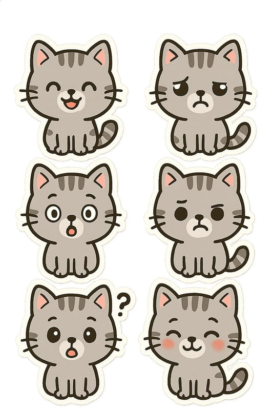 Cute Cat Stickers Set, Grey Tabby Kitten Emotion Faces, Cartoon Animal Decal Collection for Scrapbooking and Crafting
