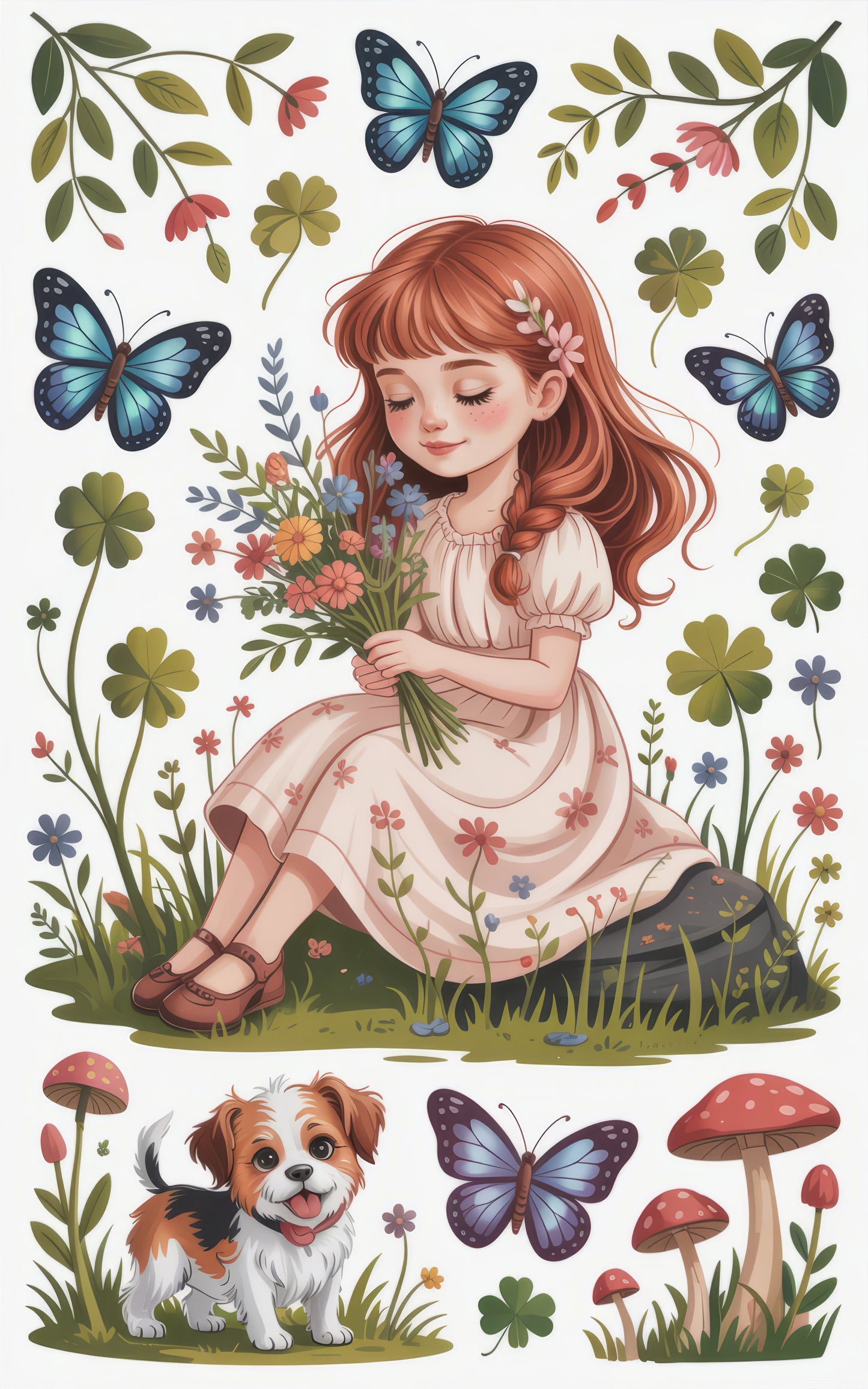 Whimsical Girl with Dog and Butterflies Illustration, Floral Art Print, Colorful Nursery Wall Decor, Perfect Gift for Children