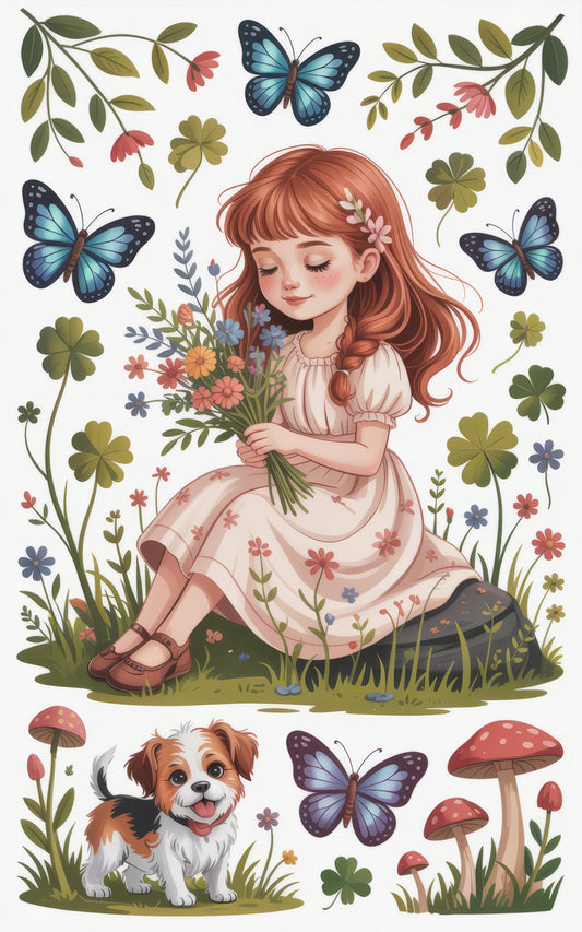 Whimsical Girl with Dog and Butterflies Illustration, Floral Art Print, Colorful Nursery Wall Decor, Perfect Gift for Children