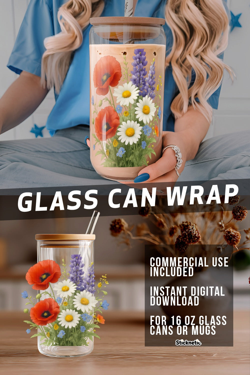 Floral Glass Can Wrap SVG, Digital Download for 16 oz Mugs, Commercial Use, Instant Access, Colorful Wildflowers Design