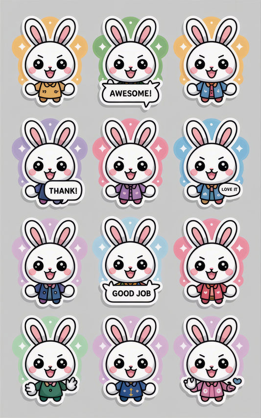 Cute Rabbit Stickers, Kawaii Bunny Decals, Pastel Colors, Planner and Journal Accessories, Set of 12