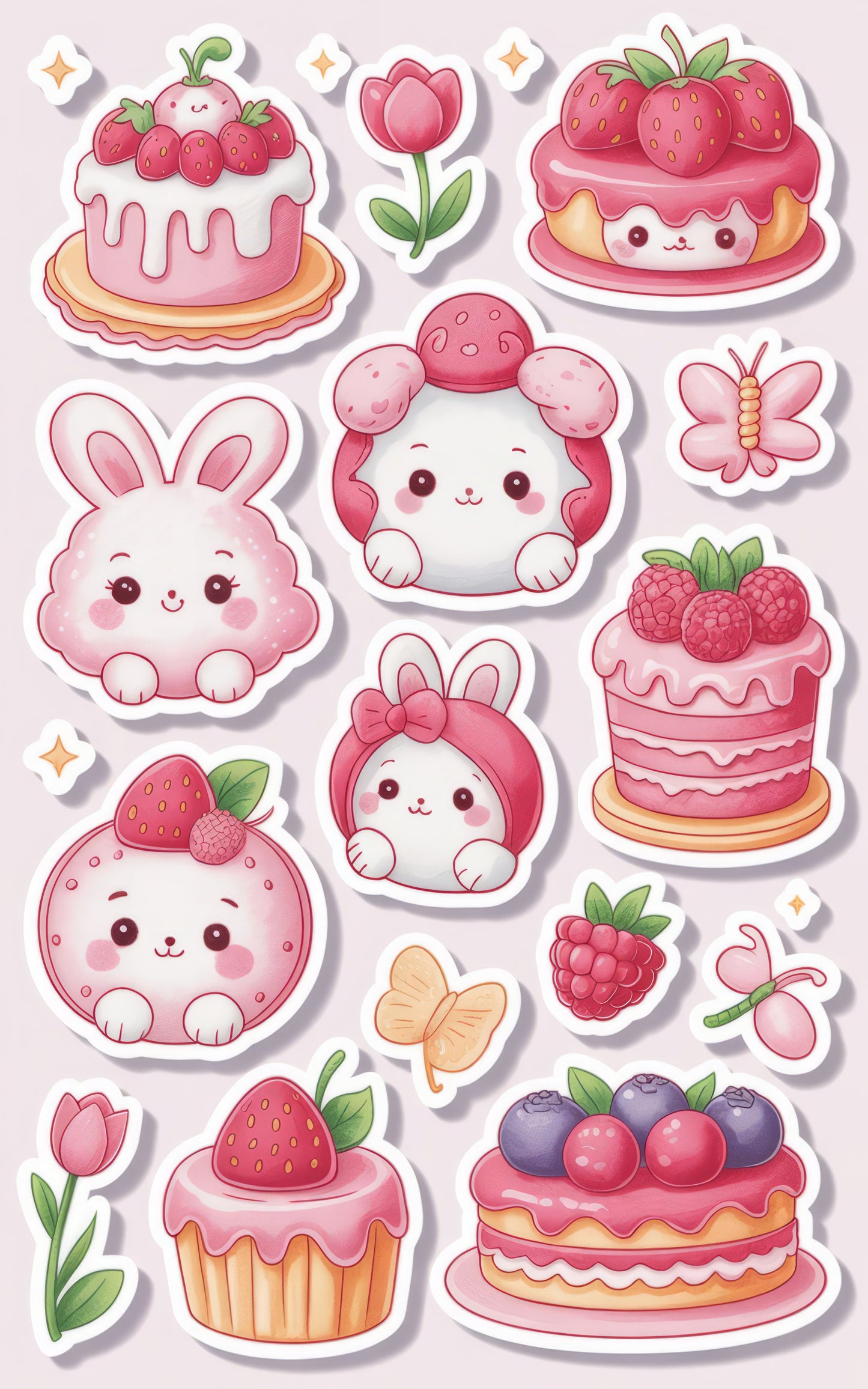 Cute Kawaii Stickers Set, Bunny, Cake, Strawberry, Raspberry, Floral Themes for Scrapbooking, Laptop Decals, Planner Accessories