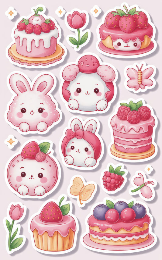 Cute Kawaii Stickers Set, Bunny, Cake, Strawberry, Raspberry, Floral Themes for Scrapbooking, Laptop Decals, Planner Accessories