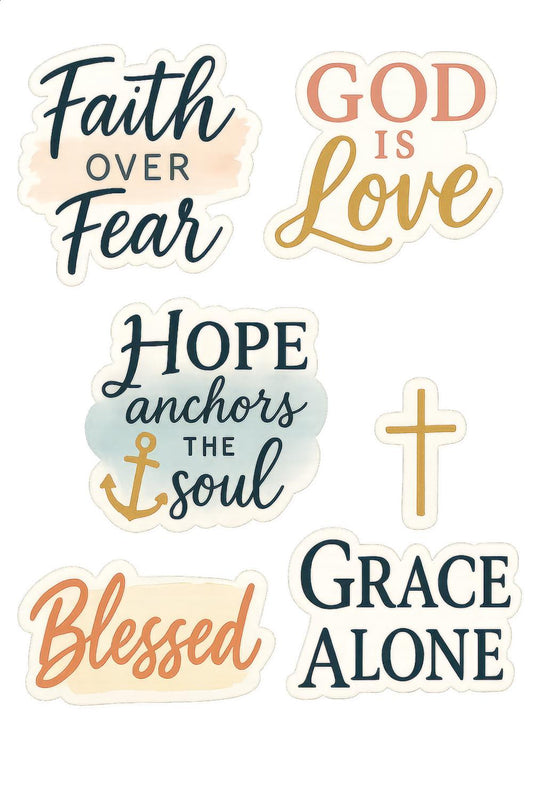 Faith Over Fear God is Love Hope Anchors Soul Blessed Grace Alone Christian Stickers Set
