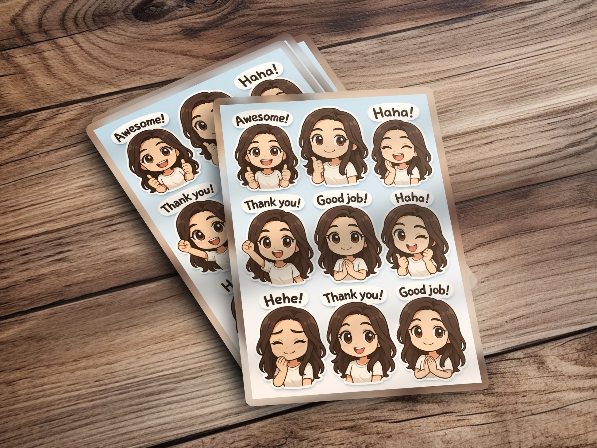 Cute Cartoon Girl Sticker Sheets, Fun Expressive Faces, Thank You, Awesome, Haha, Hehe, Good Job, Gift Idea