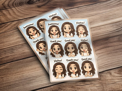 Cute Cartoon Girl Sticker Sheets, Fun Expressive Faces, Thank You, Awesome, Haha, Hehe, Good Job, Gift Idea