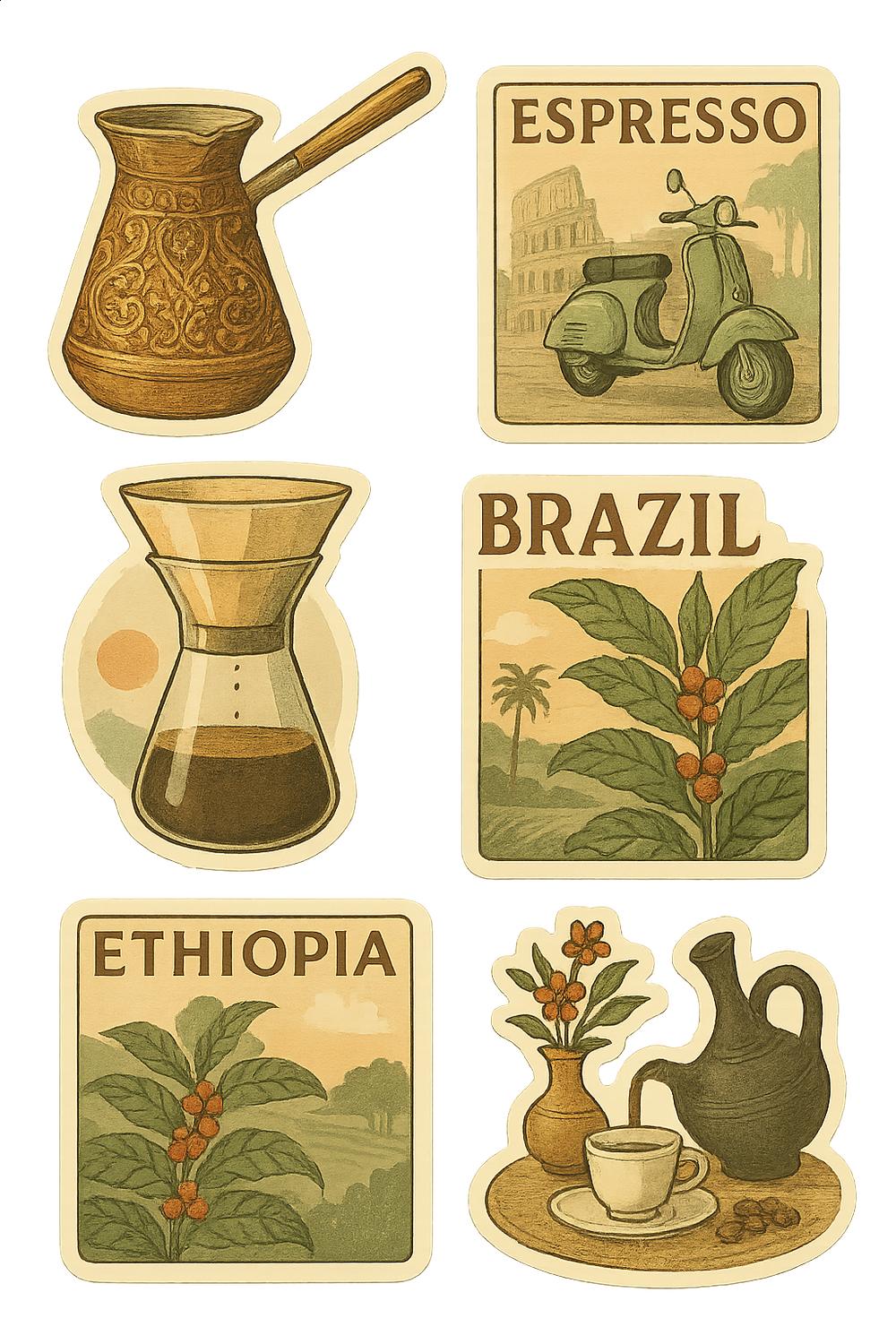 Vintage Coffee Poster Set, Espresso, Brazil, Ethiopia, Scooter Art, Kitchen Decor, Wall Hanging
