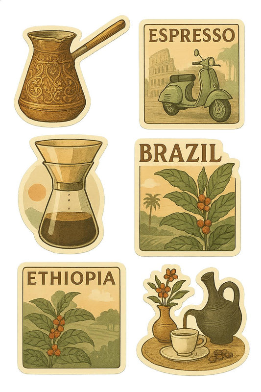 Vintage Coffee Poster Set, Espresso, Brazil, Ethiopia, Scooter Art, Kitchen Decor, Wall Hanging