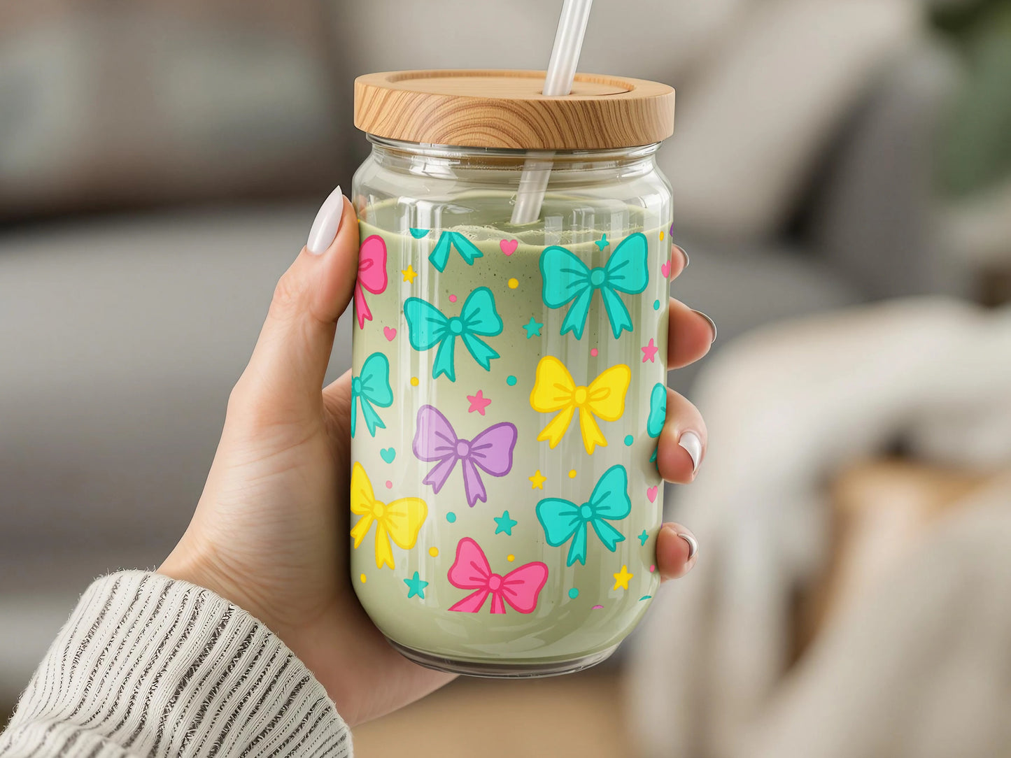 Colorful Butterfly Print Glass Jar with Bamboo Lid, Reusable Smoothie Cup, Eco-Friendly Gift