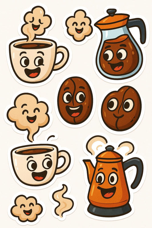 Cute Coffee and Tea Stickers, Cartoon Beverage Faces, Vinyl Decal Set, Kitchen Decor, Gift for Coffee Lovers, Colorful Espresso Stickers