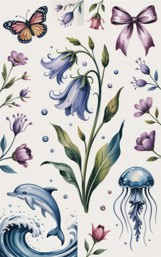 Dolphin and Jellyfish Ocean Art Print, Floral and Butterfly Illustrations, Watercolor Nature Wall Decor