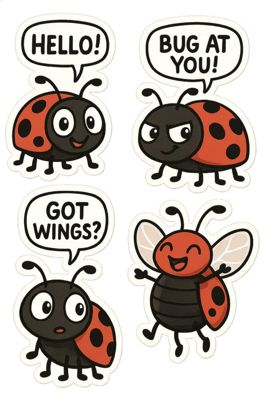 Cute Ladybug and Bee Stickers, Colorful Insect Decals, Hello, Bug At You, Got Wings Phrases