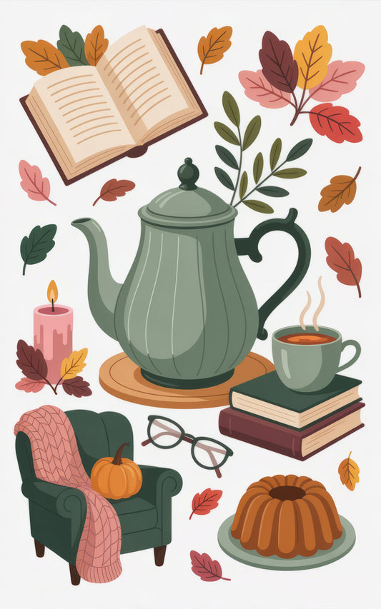 Cozy Autumn Vibes Art Print, Vintage Teapot, Book, Candle, Fall Leaves Illustration