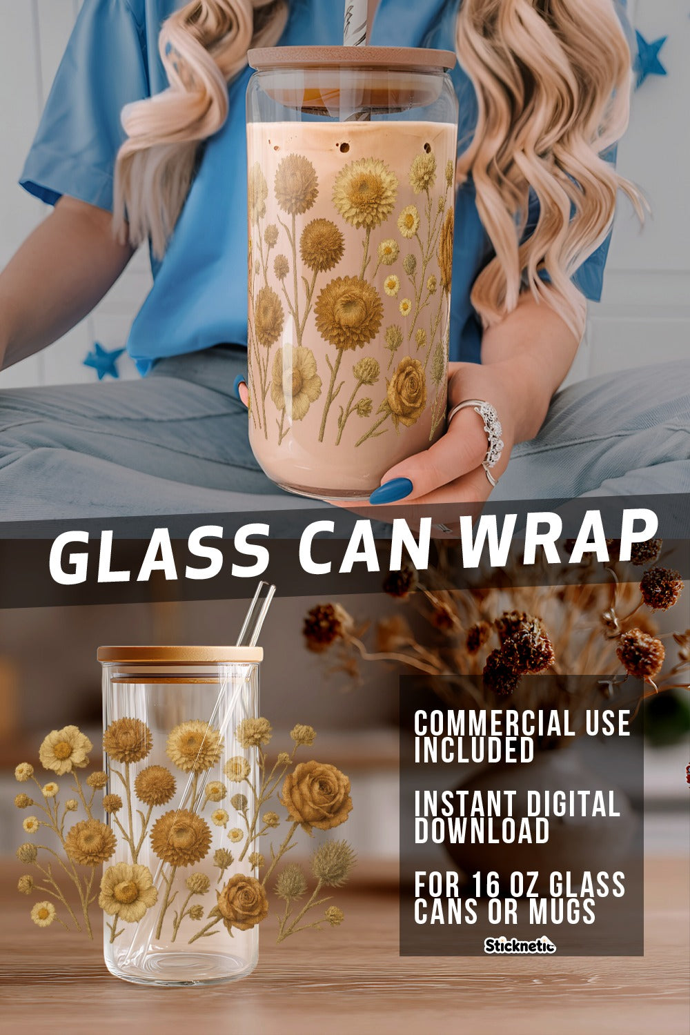 Sunflower Glass Can Wrap SVG, Digital Download for 16 oz Mugs, Floral Tumbler Design