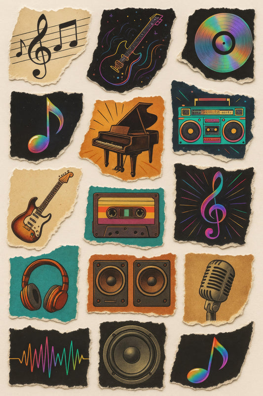 Vintage Music Icons Poster, Colorful Retro Vinyl, Guitar, Piano, Headphones Wall Art Decor