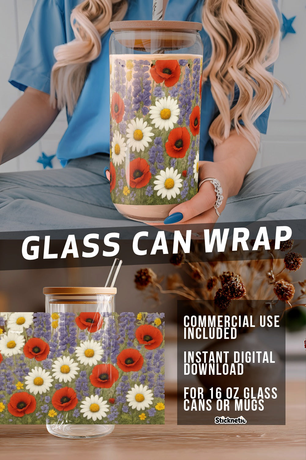 Floral Glass Can Wrap, Daisy and Poppy Design, Digital Download for 16 oz Mugs, Commercial Use