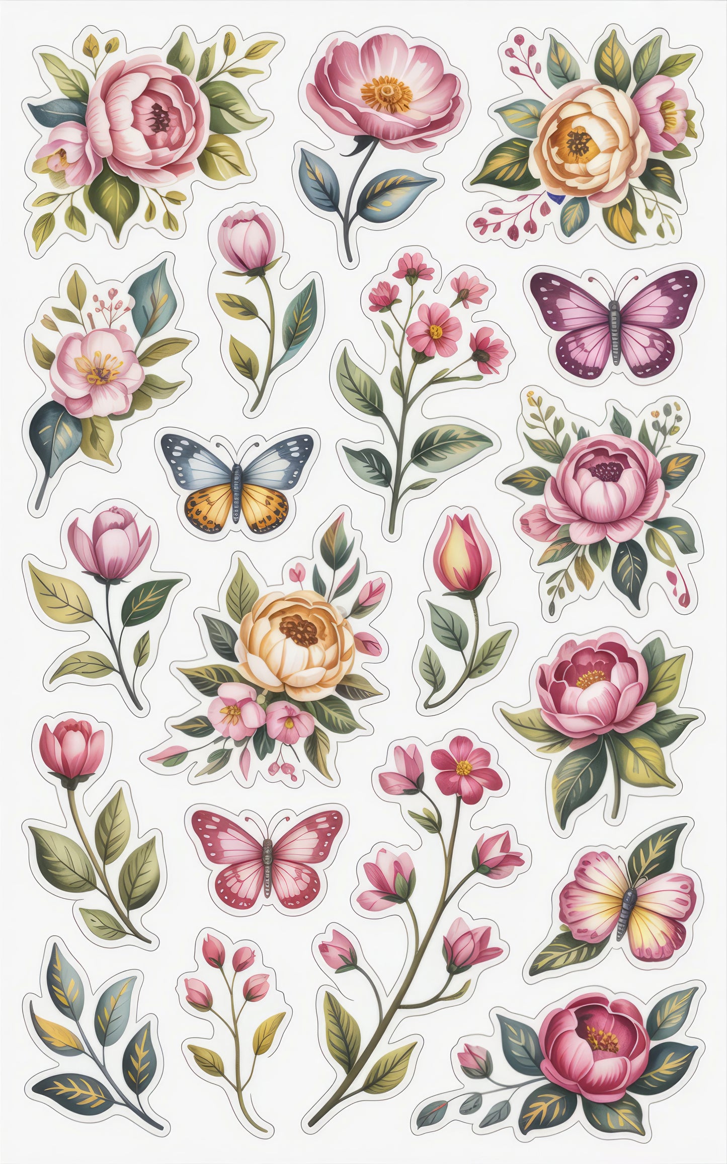 Vintage Floral and Butterfly Stickers, Peony Rose Decals, Spring Bloom Scrapbooking, Butterfly Collection, Flower Garden Theme Decor