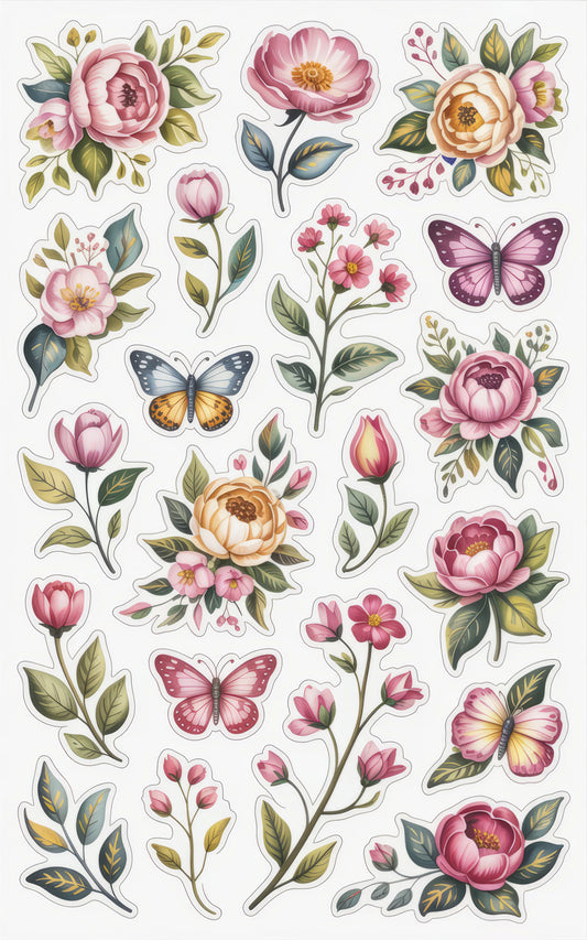 Vintage Floral and Butterfly Stickers, Peony Rose Decals, Spring Bloom Scrapbooking, Butterfly Collection, Flower Garden Theme Decor