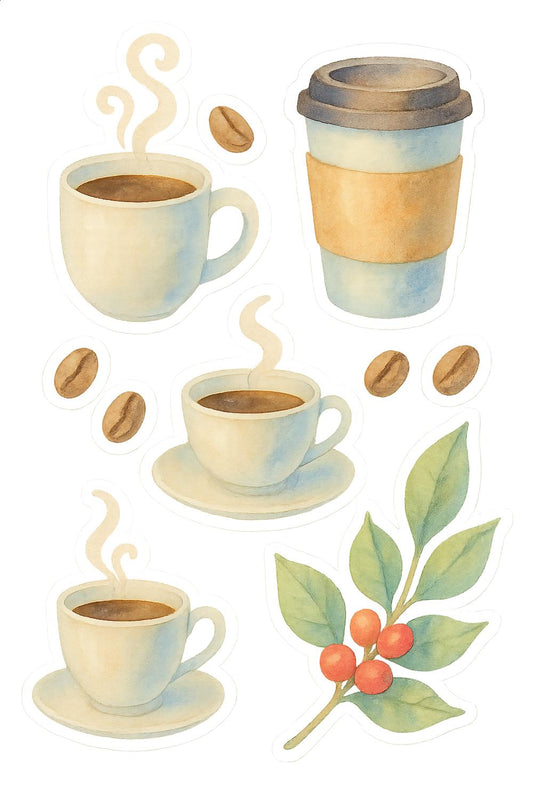 Watercolor Coffee Cups and Beans Art Print, Kitchen Decor, Cafe Wall Art, Barista Gift
