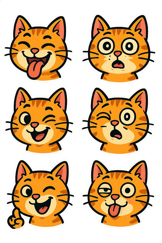 Cute Orange Tabby Cat Stickers, Set of 6, Fun Cat Expressions, Vinyl Decal, Laptop and Planner Decoration, Cat Lover Gift