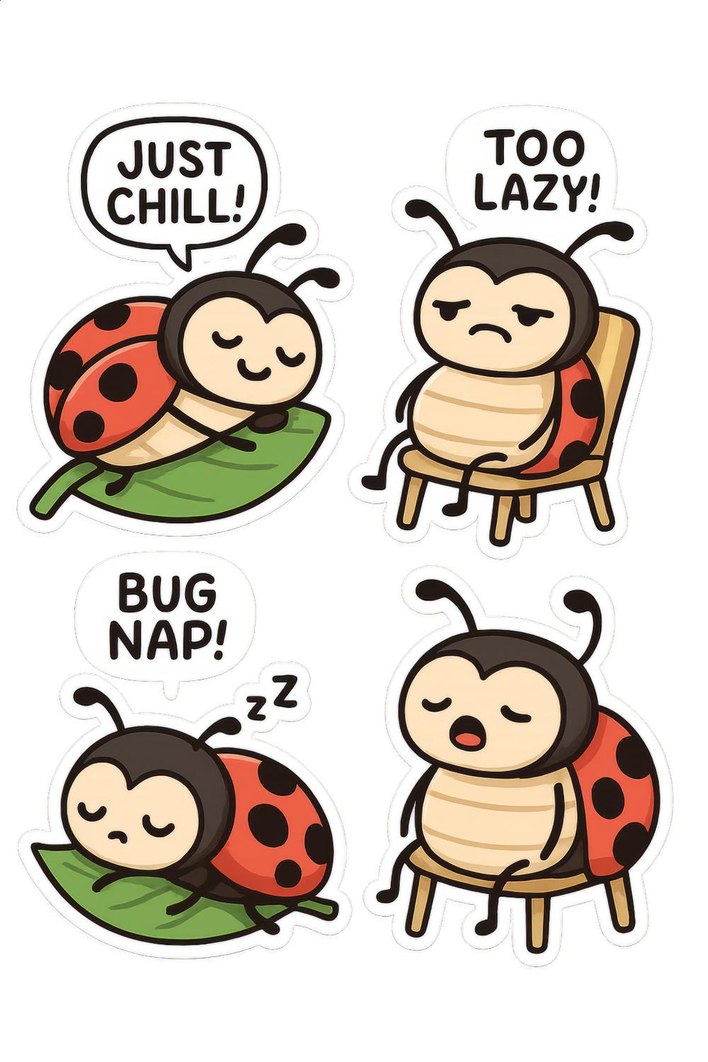Cute Lazy Ladybug Stickers, Just Chill, Too Lazy, Bug Nap, Cartoon Insect Decals for Laptops and Notebooks