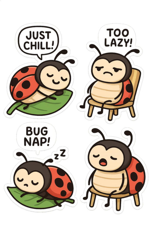 Cute Lazy Ladybug Stickers, Just Chill, Too Lazy, Bug Nap, Cartoon Insect Decals for Laptops and Notebooks