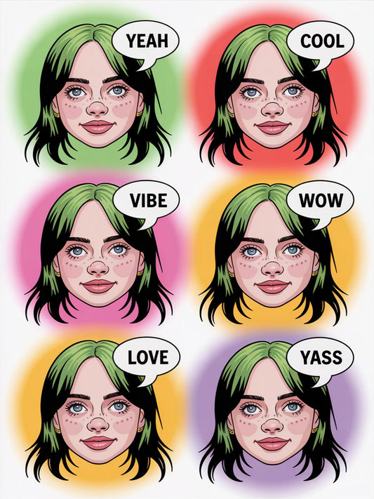 Pop Art Girl Face Stickers, Trendy Bubble Words, Vibrant Colorful Portrait Labels, Teen Room Decor, Pack of 8