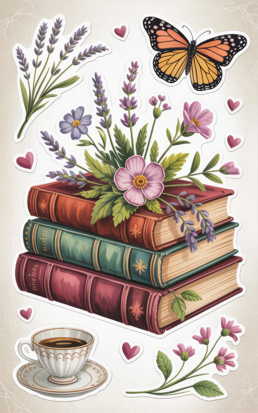 Vintage Book Stack Sticker Set with Floral and Butterfly Designs, Library Aesthetic, Decorative Vinyl Decals for Journaling and Crafts