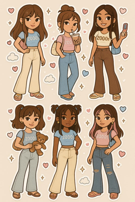 Y2K Fashion Girls Sticker Sheet, Retro 2000s Style, Teen Girl Vinyl Stickers, Cute Character Decals, Nostalgic 90s Kids, Scrapbook Supplies