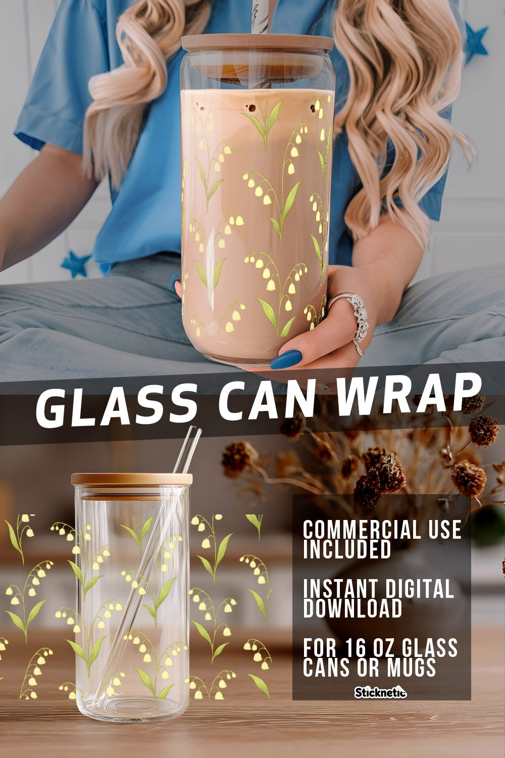 Floral Glass Can Wrap SVG, Instant Digital Download for 16 oz Mugs, Elegant Drinkware Decal Design