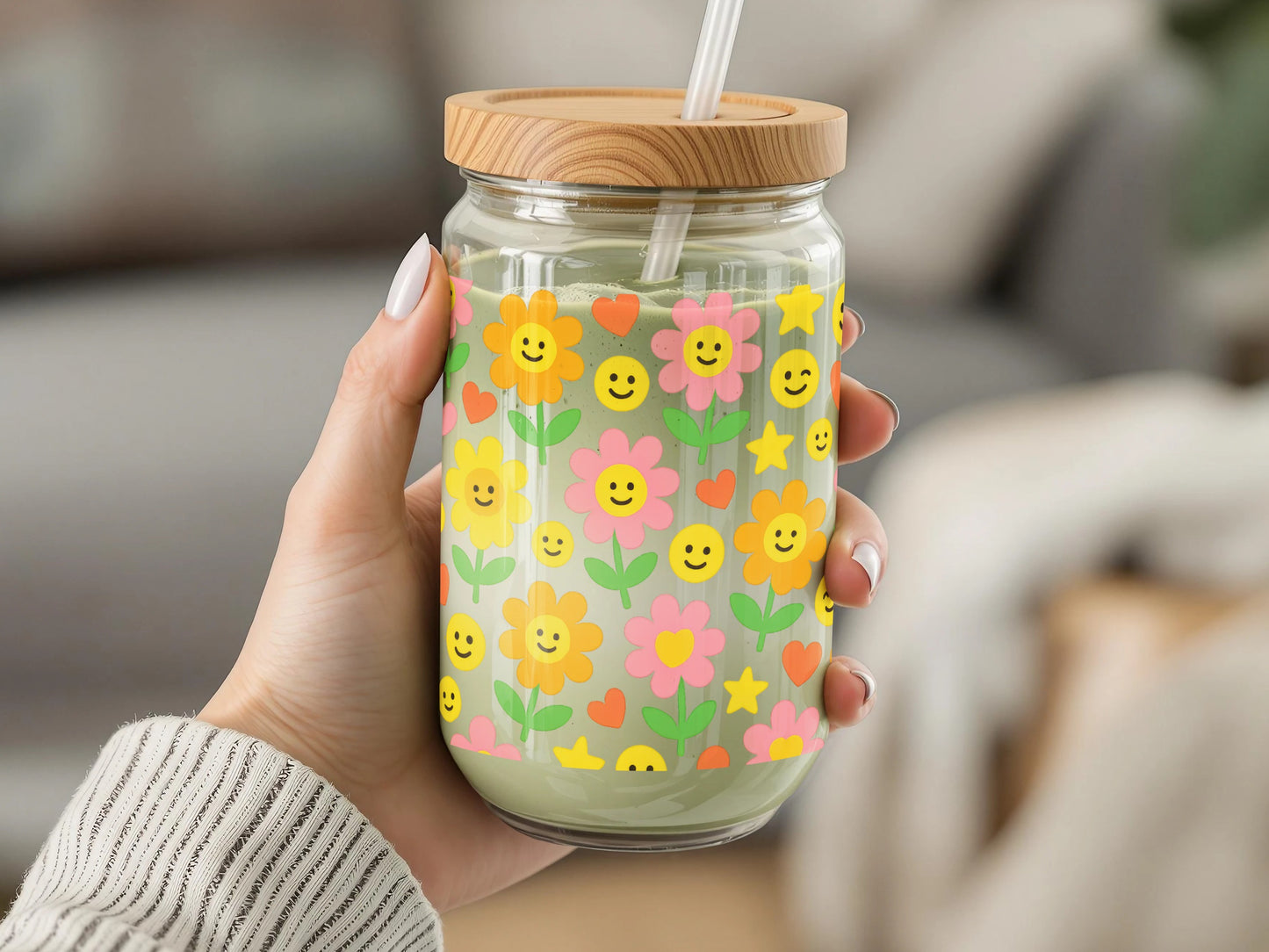 Cute Floral and Smiley Face Glass Jar, Colorful Eco-Friendly Drinking Jar with Lid and Straw, Unique Gift Idea