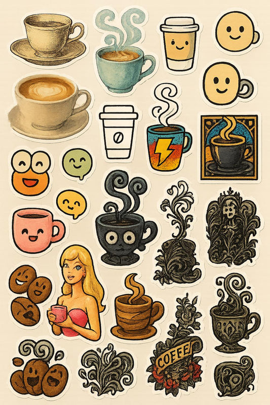 Assorted Coffee Stickers, Cute Espresso Mug Decals, Vintage Retro Coffee Cup Art, Barista Gifts