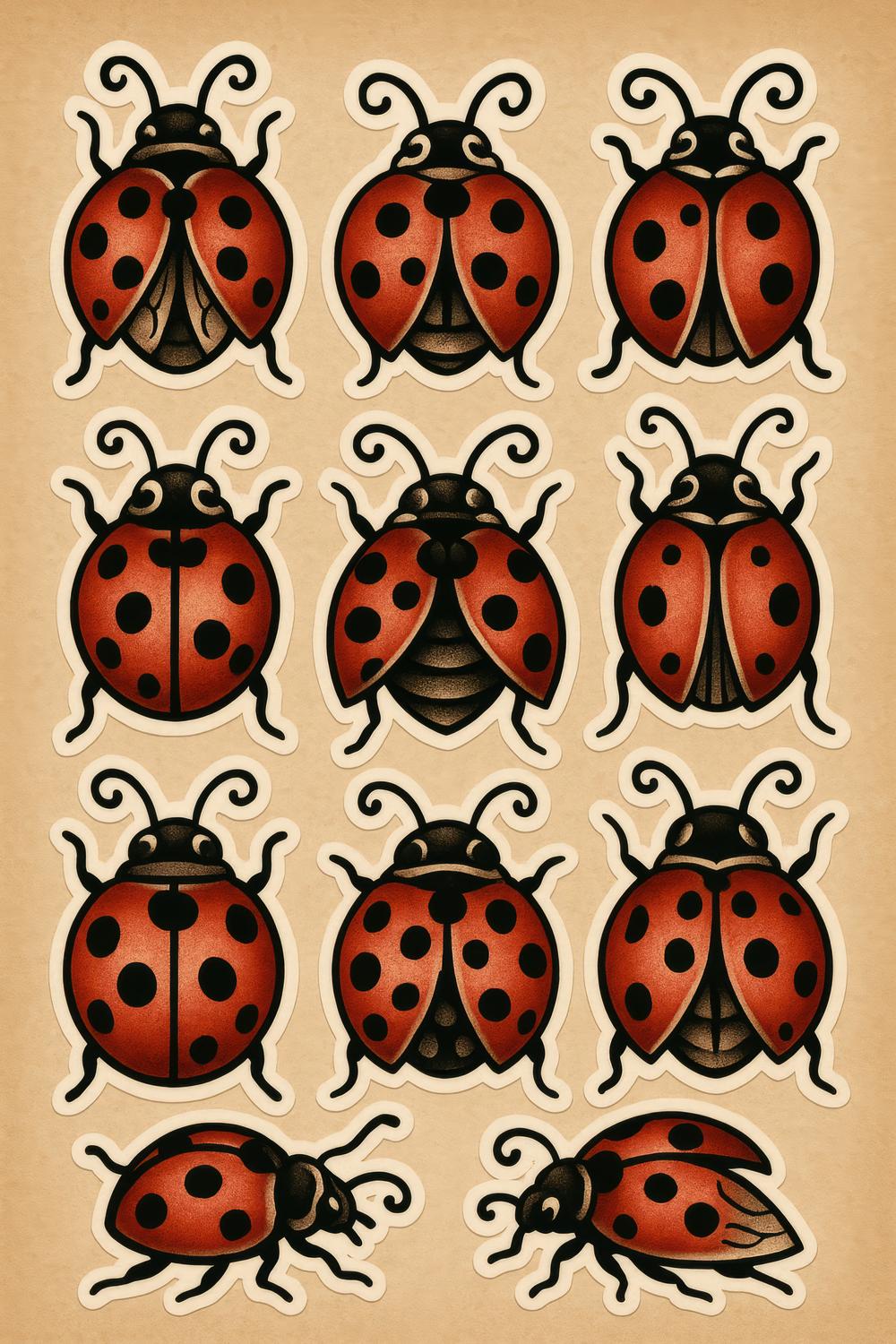 Ladybug Stickers Set, Vintage Style Red and Black Polka Dot Beetle Decals, Scrapbooking and Crafting Supplies, Pack of 12