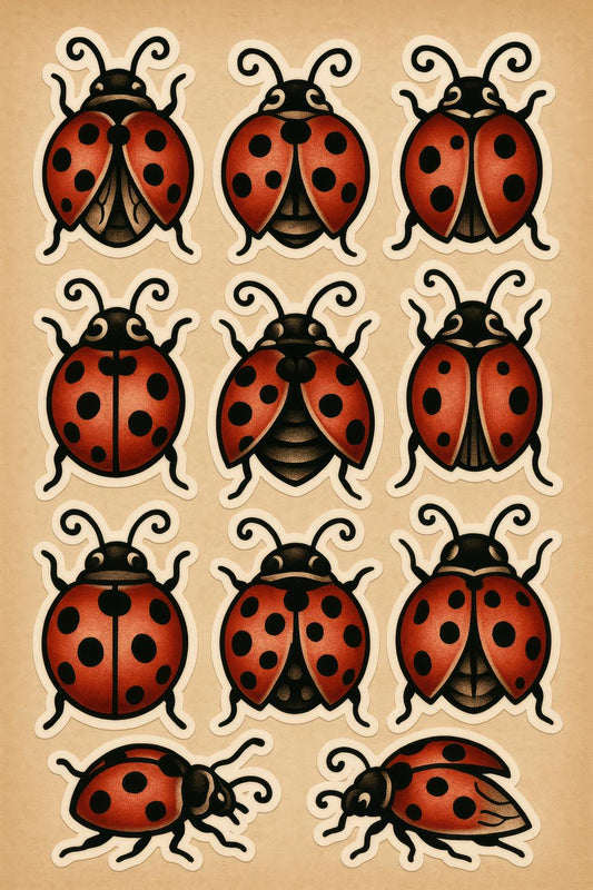Ladybug Stickers Set, Vintage Style Red and Black Polka Dot Beetle Decals, Scrapbooking and Crafting Supplies, Pack of 12